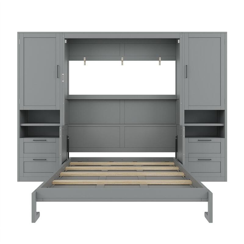 Queen Size Murphy Bed Wall Bed with 2 Wardrobes and 4 Storage Drawers, Foldable Murphy Cabinet Bed w/Open Storage Shelves& Stool