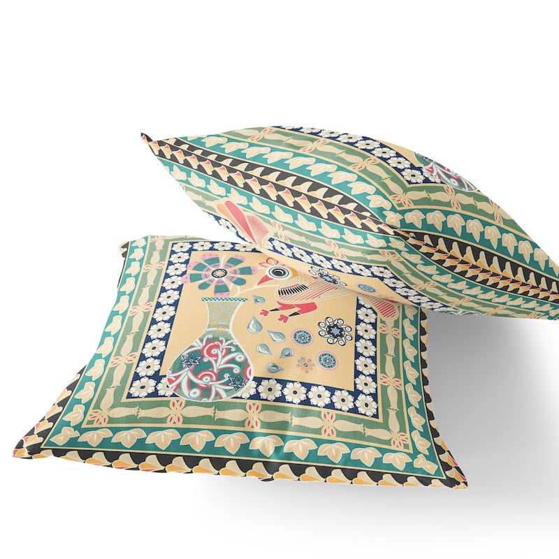 HomeRoots Set of Two 16" X 16" Green and Pink Peacock Blown Seam Floral Indoor Outdoor Throw Pillow - 16.00' X '16.00' X '5.00