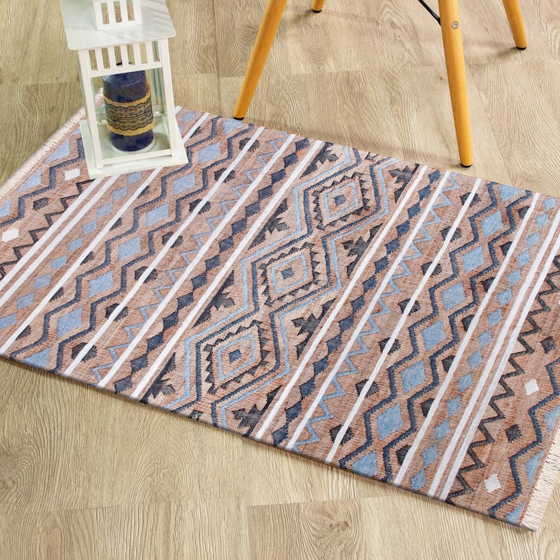 Sevita Hand-Woven Southwestern Jute-Blend Area Rug, Tan and Light Blue