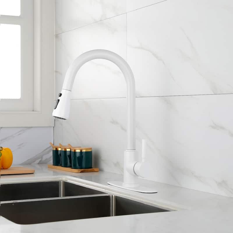 White Kitchen Faucet with Pull Out Sprayer