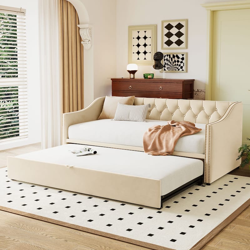 Twin to King Daybed with Pop Up Trundle, Button Tufted Backrest and Wooden Slat Support