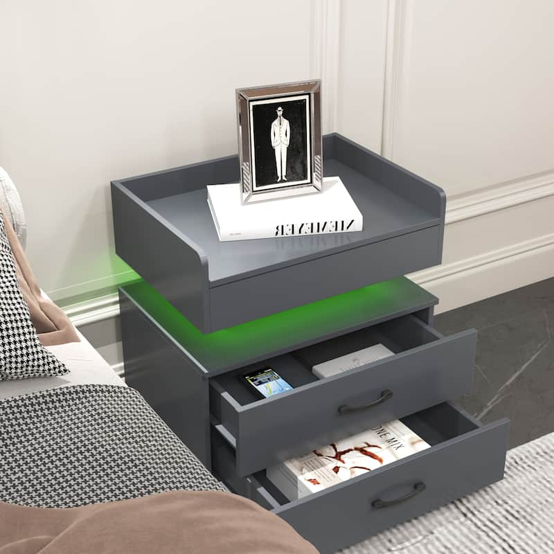 1 Set Nightstand with Adjustable LED Strip Light, 2-Drawers, Large Storage Space