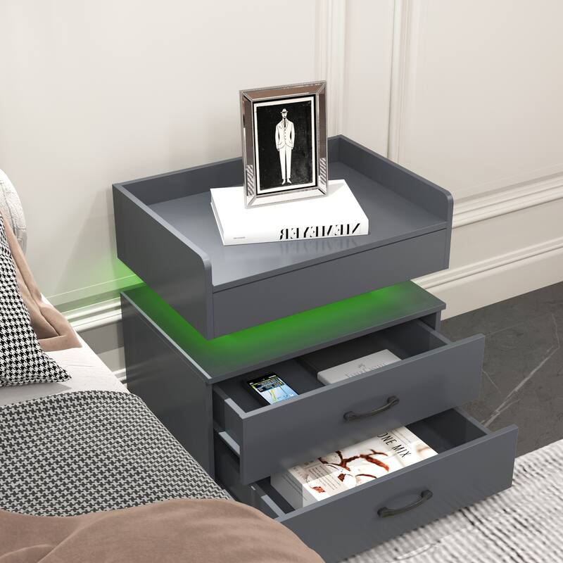 LED Nightstand with 2 Drawers, Adjustable LED Lights, Modern Storage Table for Bedroom, Living Room, or Study Desk