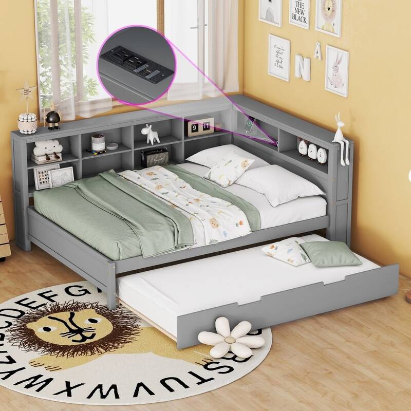 Wooden Full Size Daybed with Twin Size Trundle, Daybed with Storage Shelf and USB Charging Ports - Grey
