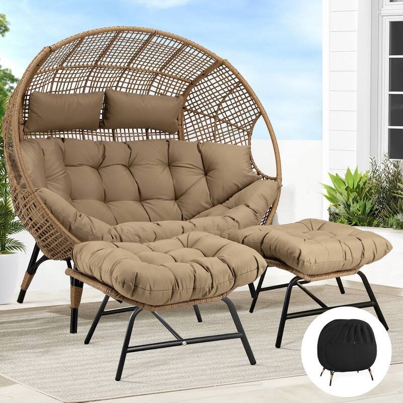 FINCATI Double Egg Chair with 2 Ottomans & Rain Cover, 680-lb Capacity - Brown