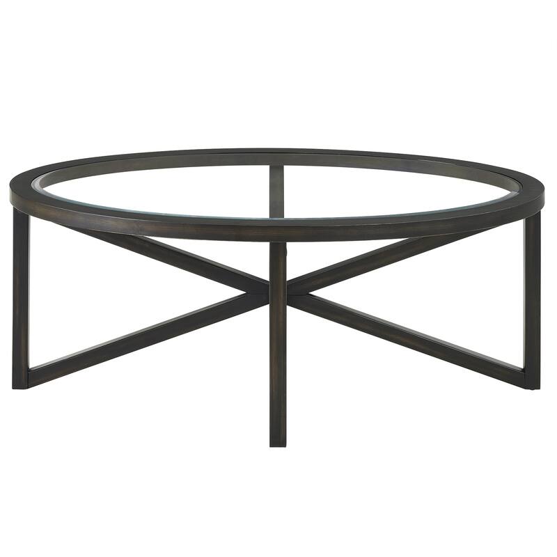 Roomfitters Modern Round Tempered Glass Coffee Table with Solid Wood Base, Clear Top Accent Table for Living Room
