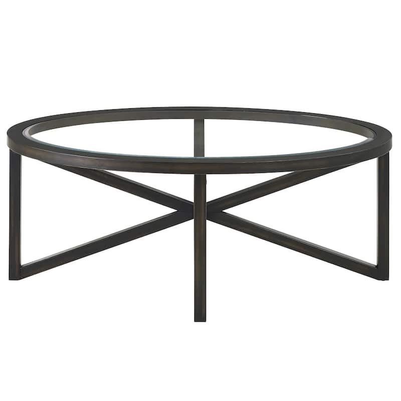 Tempered Glass Coffee Table Solid Wood Base Round Transparent Glass Top