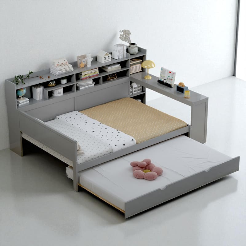 Wooden Twin/Full Daybed with Trundle Bed, Study Desk, and Storage Shelves
