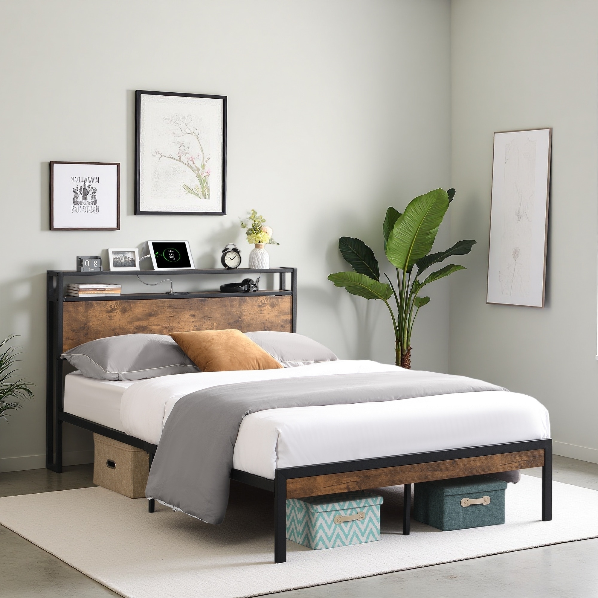 Metal Platform Bed with Wooden Headboard and USB Charging