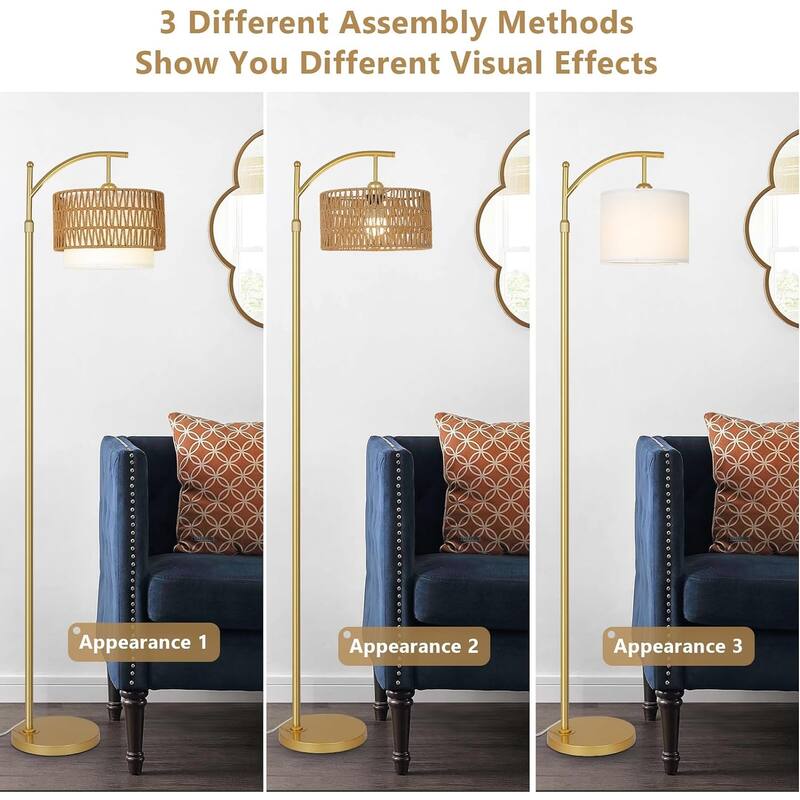 Gold Arc Floor Lamps with Remote & Dimmable LED Bulb, 3 Color Temperatures, Rattan & Fabric Shades, Adjustable Tall Lamp