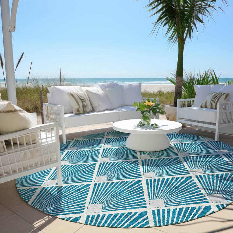 Machine Washable Indoor/ Outdoor Chantille Modern Shells Rug - Teal - 8' x 8'