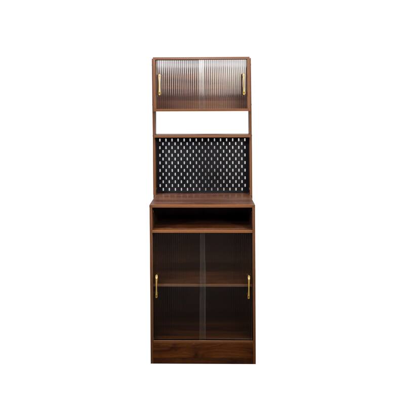 Kitchen Pantry Sideboard with 2 Sliding Striped Glass Doors,Freestanding Countertop Storage Cabinet,Wine,Coffee machine