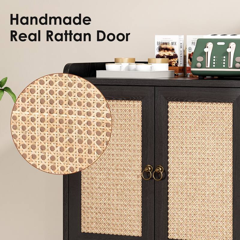 Sideboard Buffet Cabinet with Storage, Bar Liquor Cabinet with Rattan Decorated Doors, Credenza Console Tablefor Dining Room