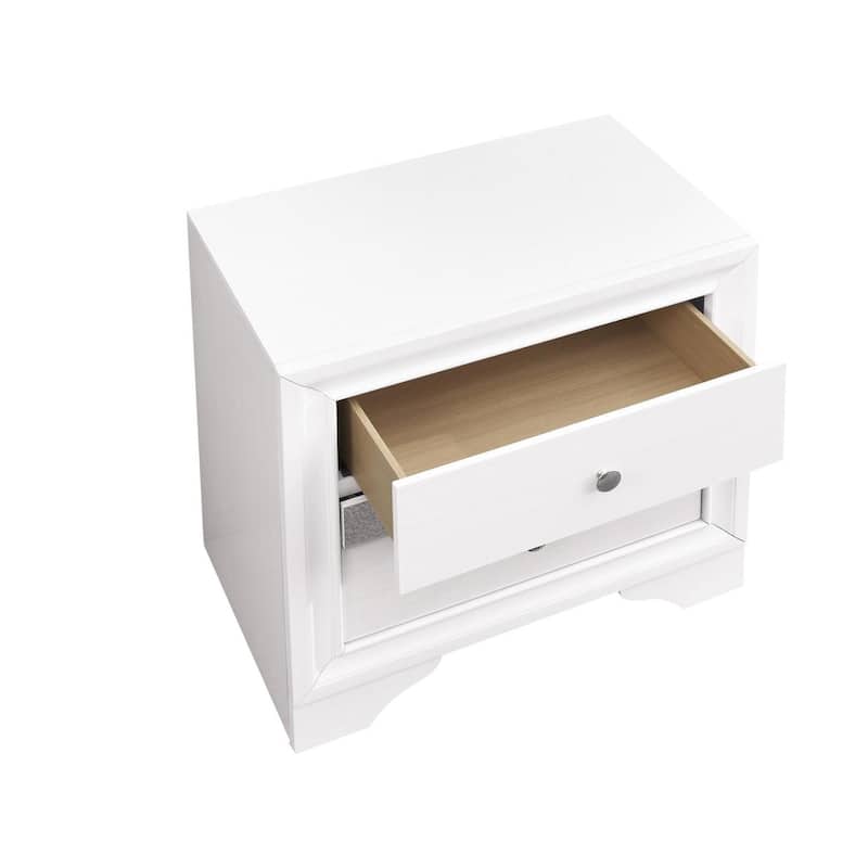 Modern wood nightstand with three drawers and metal handles