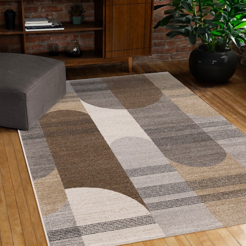 Brown Grey White Striped Arched Shapes Indoor Rug