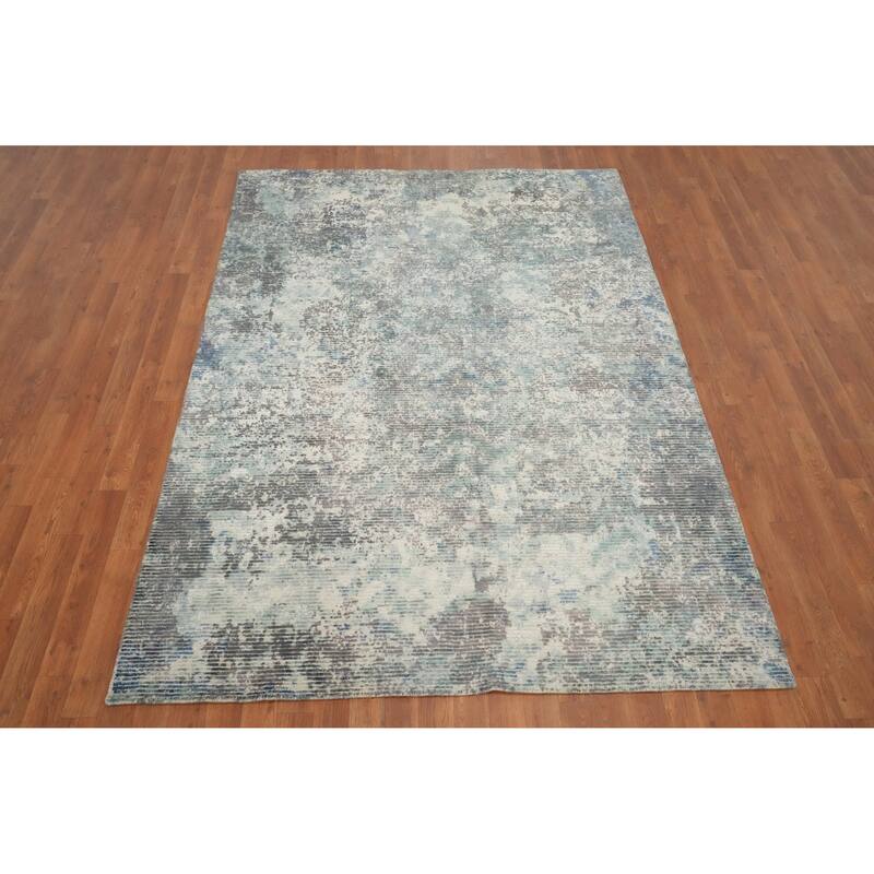 Hand Knotted Oriental Viscose Silk Carpet Modern Abstract Greys & Charcoal Abstract Area Rug - 7' 8'' X 5' 5''