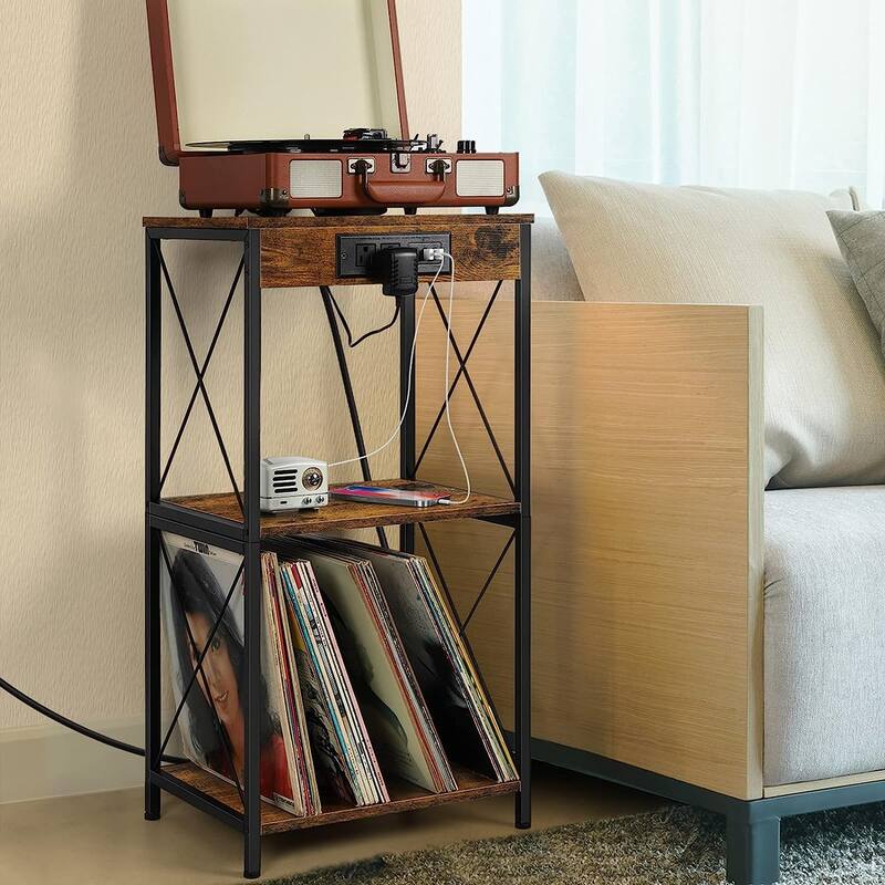 3-Tier Vinyl Record Storage Shelf Turntable Stand with Charging Station