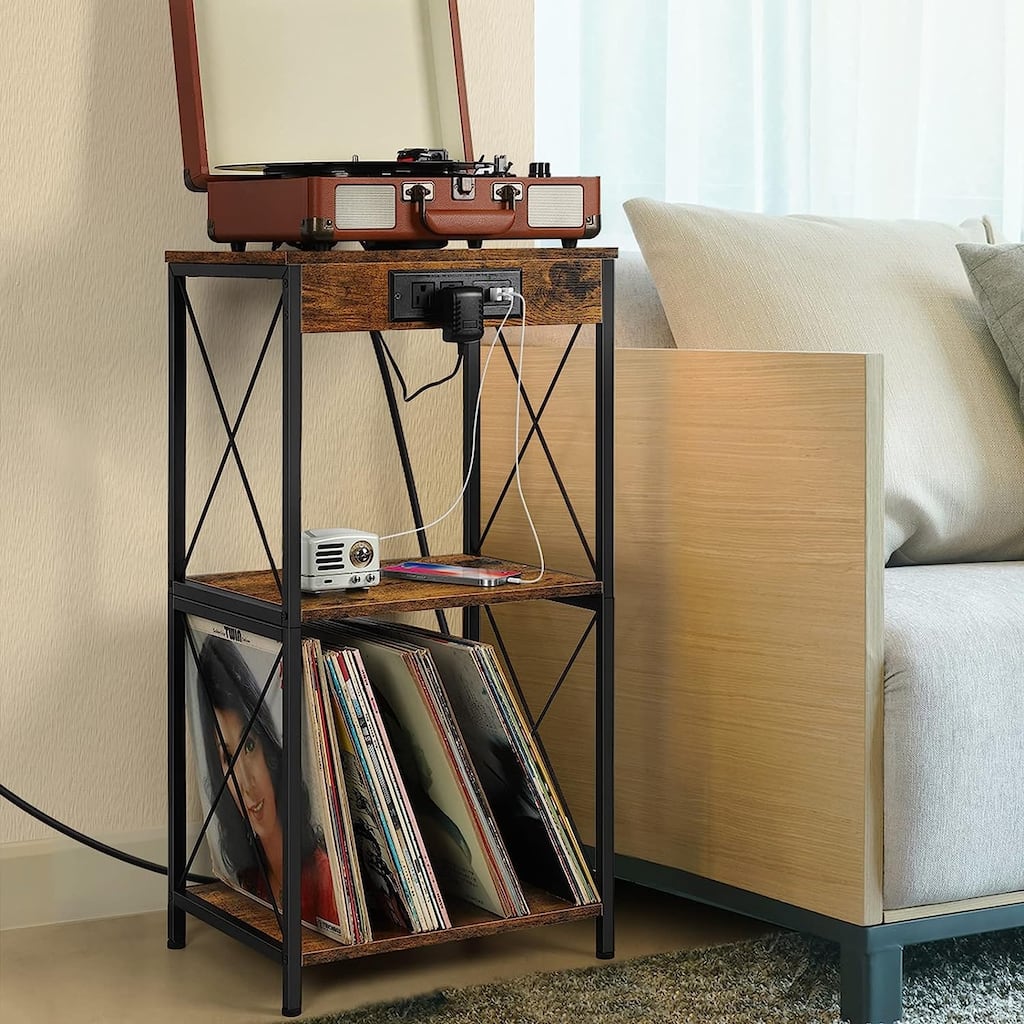 3-Tier Vinyl Record Storage Shelf Turntable Stand with Charging Station