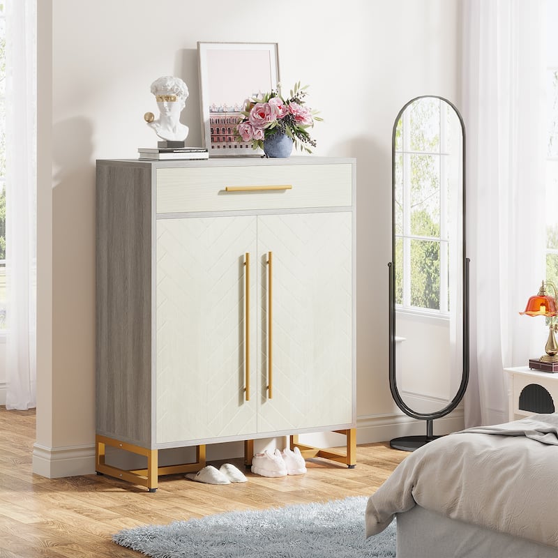 Modern 20 Pairs Shoe Cabinet with Drawer, Doors - 15.75"D x 31.5"W x 39.37"H