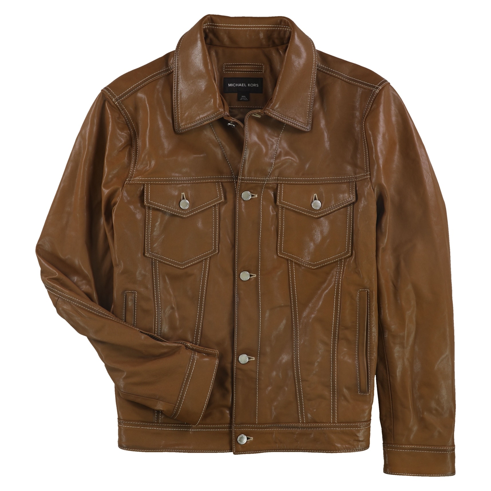 Michael Kors Mens Burnished Leather Jacket,, Brown, XX-Large - Bed