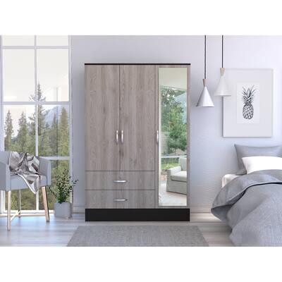 FM Furniture Florencia S Mirrored Bedroom Armoire, with Two Cabinets, Two Drawers and Divisions