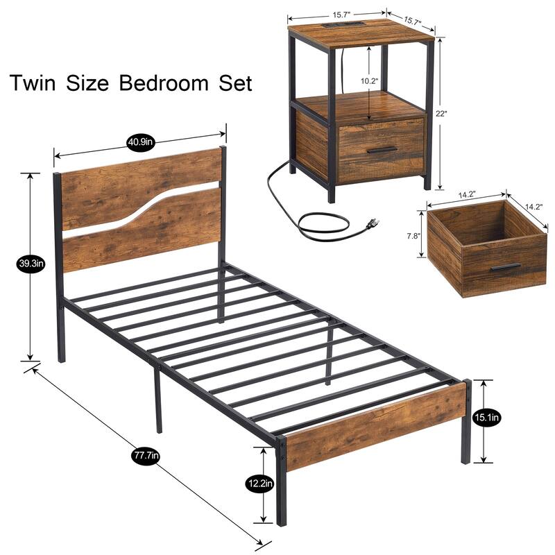 3-pieces Bedroom Set Platform Bed Frame Set of 2 Nightstands with Charging Station USB Port