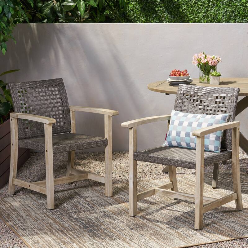 2pc Hampton Dining Chair Set Black Grey Velvet Acacia Wood Wicker Outdoor Patio 33in - Black+Grey