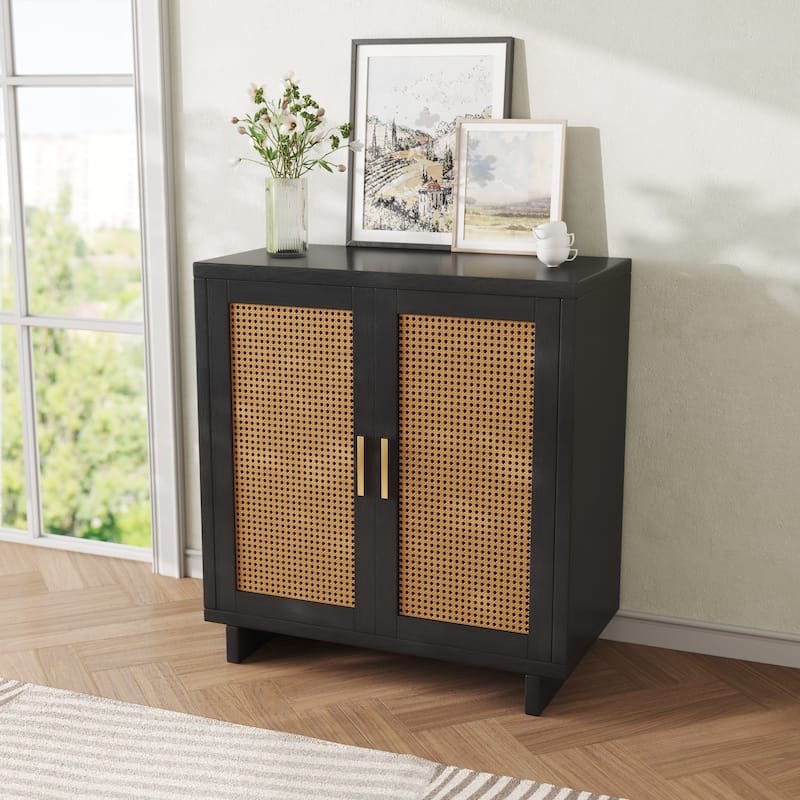 Mid-Century Modern Rattan Sideboard Storage Accent Cabinet with 2 Door
