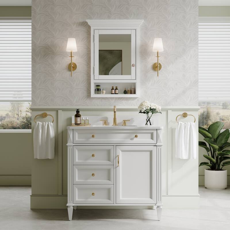 24"W x 32"H Recessed Wall-Mounted Solid Wood Medicine Cabinet with Adjustable Glass Shelves and Bottom Storage Shelf