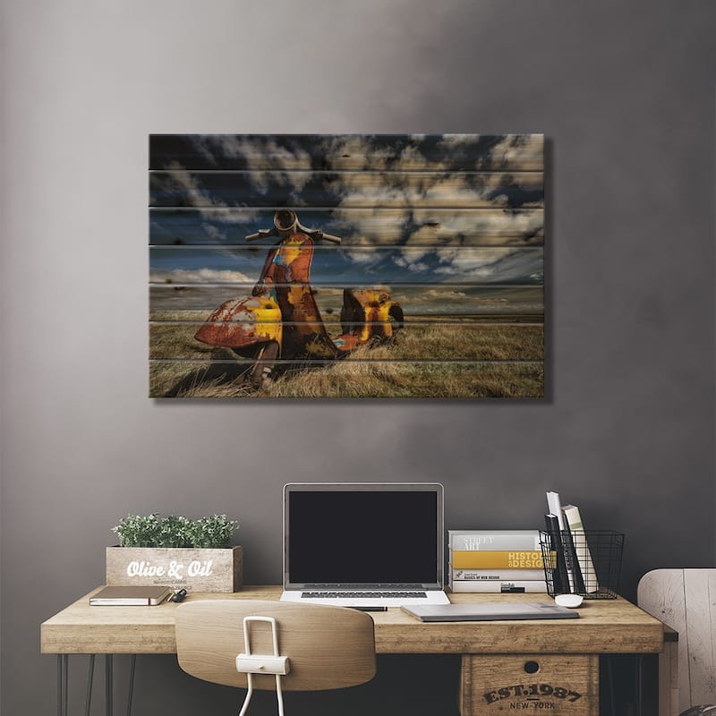Yellow Scooter Print On Wood by Torsteinn H. Ingibergsson - Multi-Color