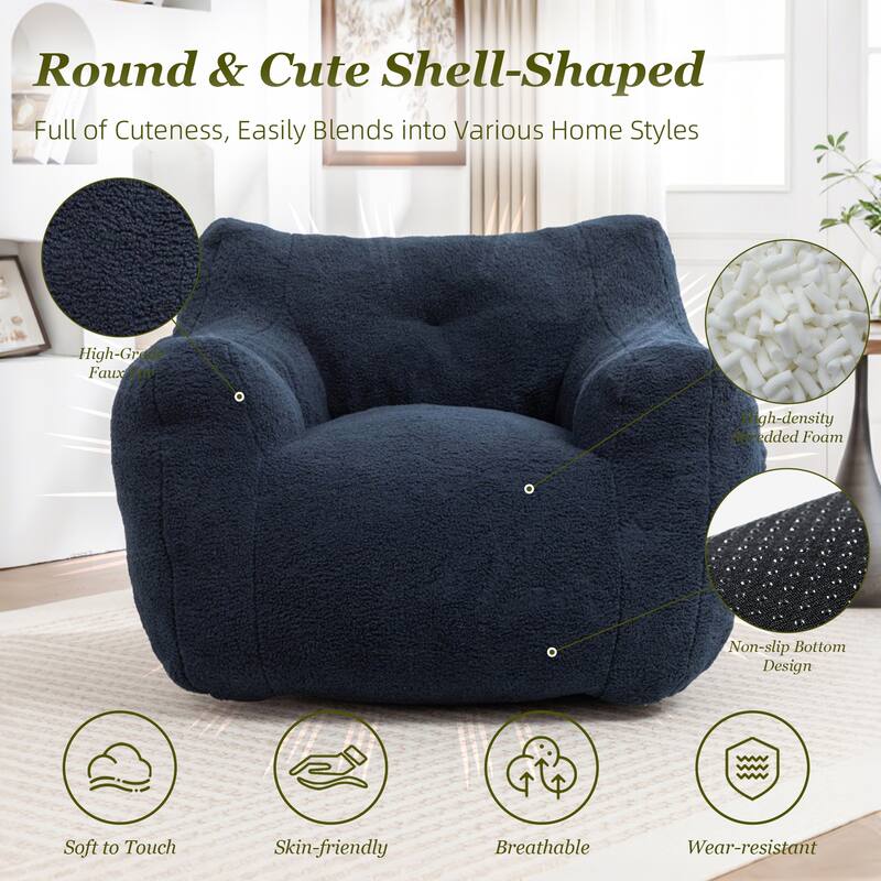 HOMEFUN Teddy Fabric Upholstered High-Density Foam Bean Bag Sofa Chair with Armrests