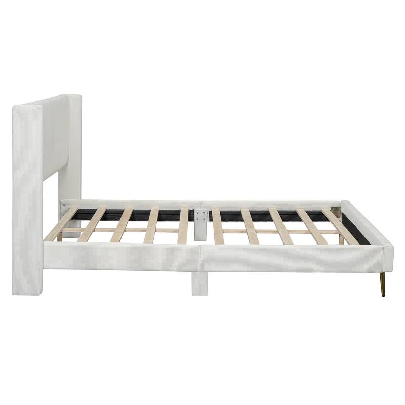 Stylish Queen Platform Bed with Corduroy Upholstery and Metal Legs - No Box Spring Needed