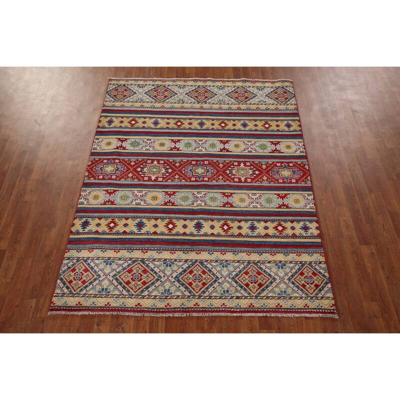 Striped Kazak Oriental Area Rug Handmade Wool Carpet - 5'2" x 6'8"