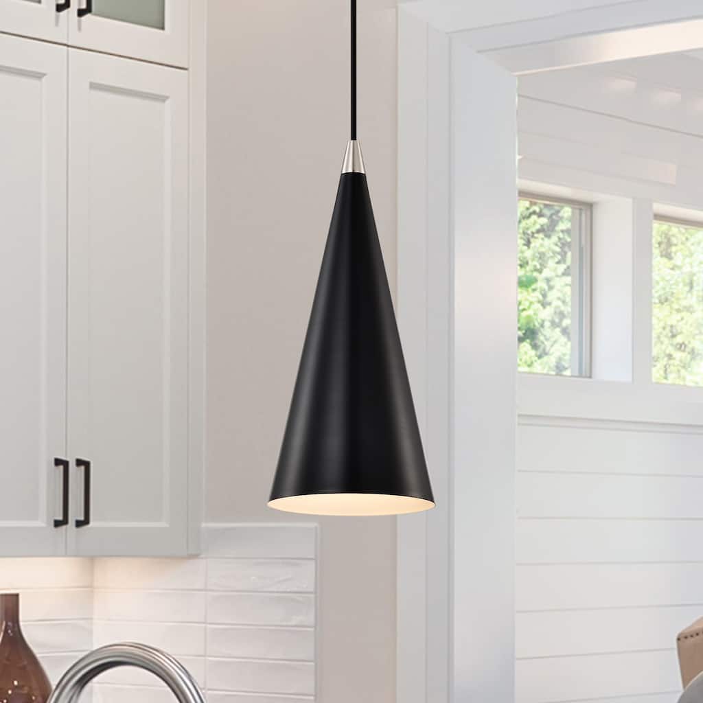 1-Light Matte Black and Brushed Nickel 6 in. Mini Pendant Light with Cone Metal Shade