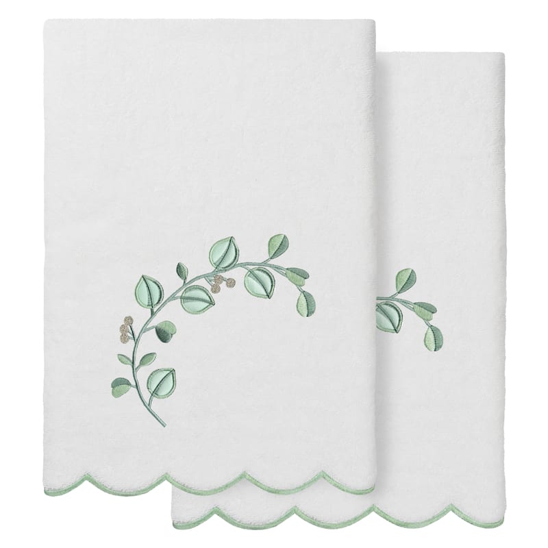 Authentic Hotel and Spa 100% Turkish Cotton WILD BRANCH Scallop Embellished Towel Collection - White/Green - 2 Bath Towels