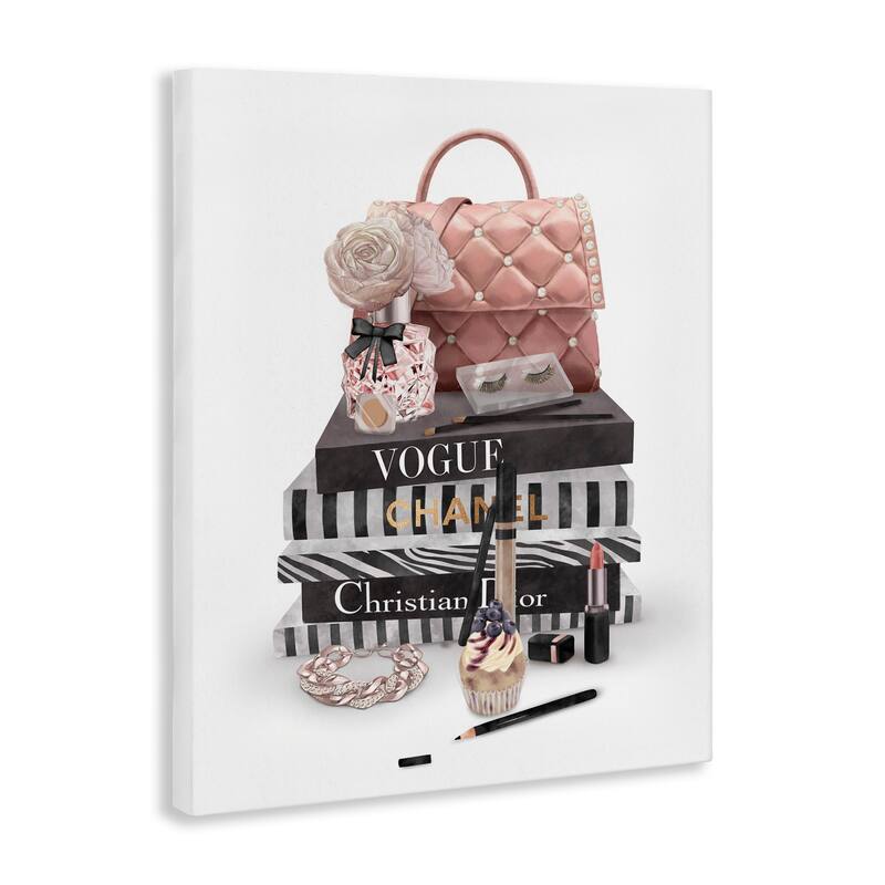 Stupell Fashion Bookstack Purse Perfume Pink Glam Design Canvas Wall Art