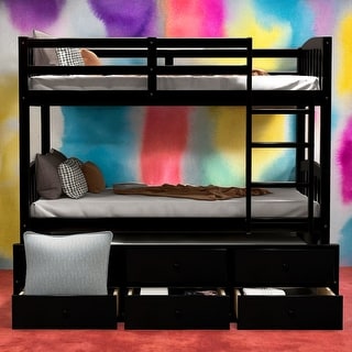 Twin over Twin Bunk Bed With Ladder And Safety Rail,Trundle with 3 Drawers
