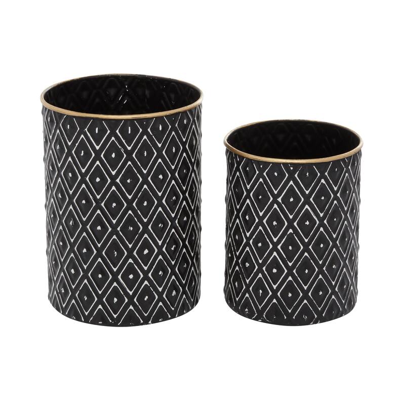 Metal Geometric Decorative Jars with Wood Lids - Set of 2 Black - Roche River Decor - 8"W x 8"L x 11"H