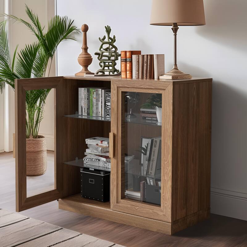 Wood Bookshelf Storage Cabinet with 2 Glass Door and Adjustable Shelf for Kitchen Bedroom Entryway Living Room Dinning Room