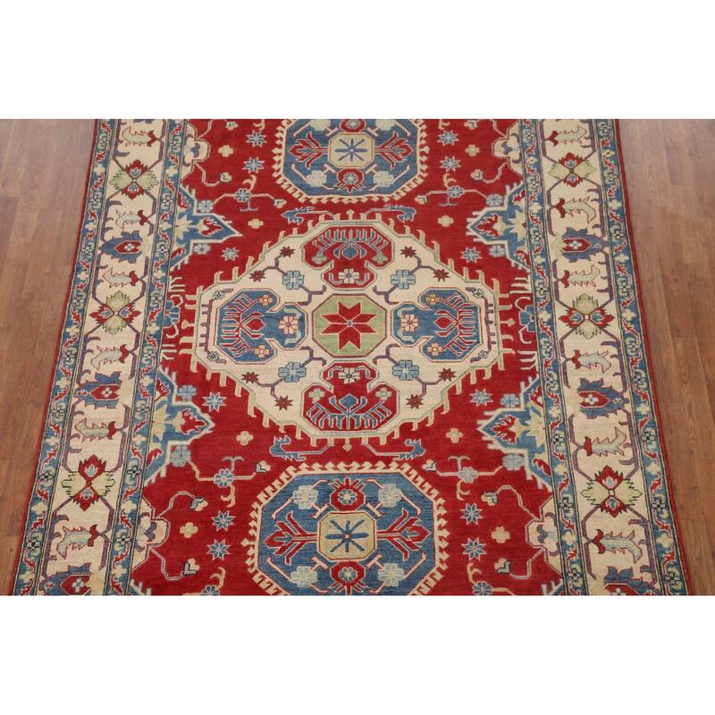 Hand Knotted Oriental 100% Wool Carpet Traditional Geometric Red Kazak Area Rug - 9' 7'' X 6' 7''