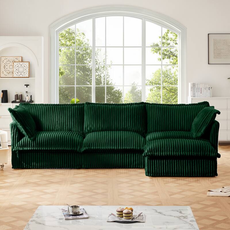 Corduroy 3-Seater Armless Sectional Sofa with Reversible Ottoman - Green