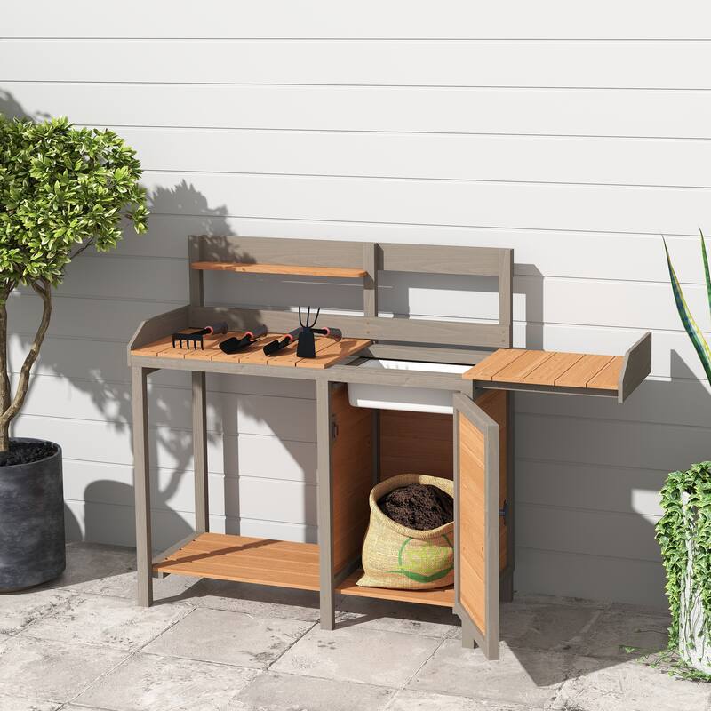 GDF Studio - Outdoor Solid Wood Potting Bench with Sink and Storage Garden Workstation - Brown