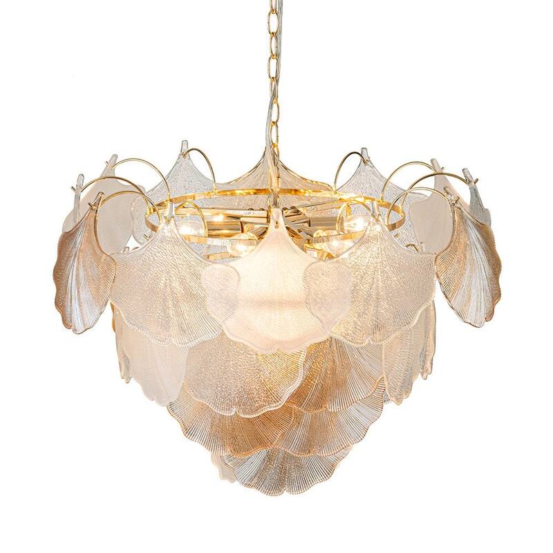 Classic 10-Light Colored Glass Gold Ginkgo Round Chandelier - 22in