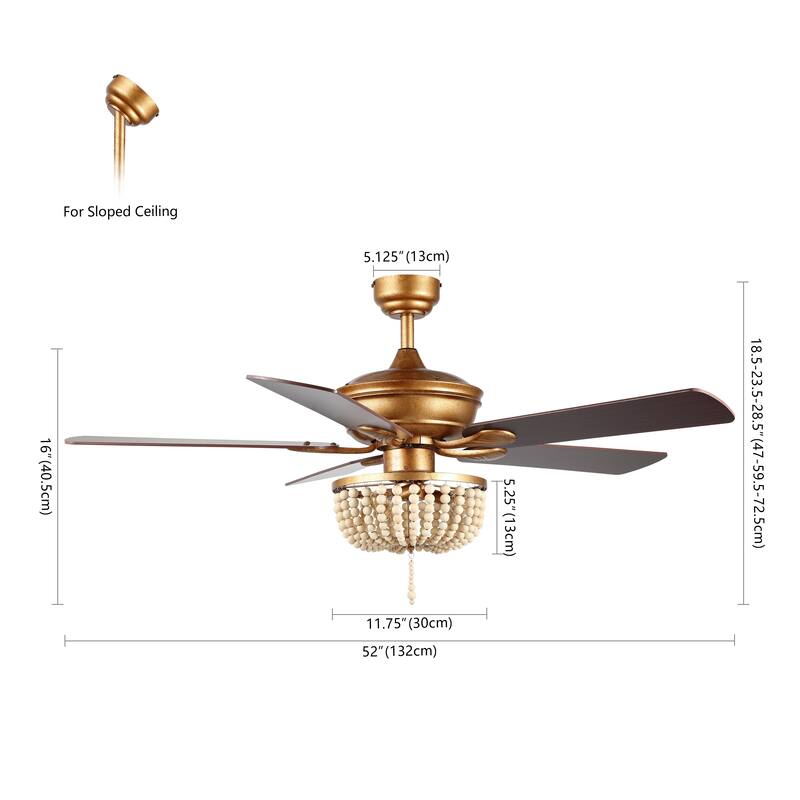 Quinn 52" 3-Light Rustic Farmhouse Iron/Wood Bead Mobile-App/Remote-Controlled LED Ceiling Fan, by JONATHAN Y