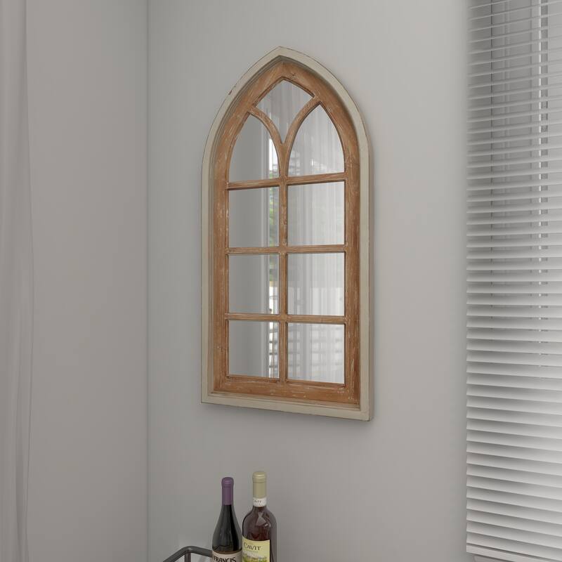 Wood Window Pane Inspired Room Wall Mirror with Arched Top and Distressing - Brown - Roche River Decor