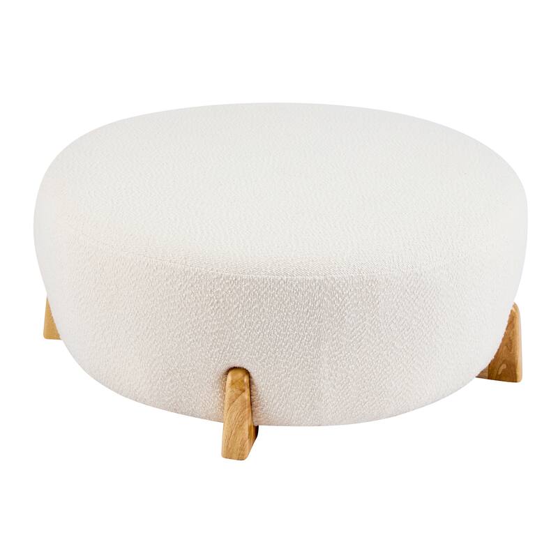 Roomfitters Round Boucle Ottoman with Splayed Rubber Wood Legs