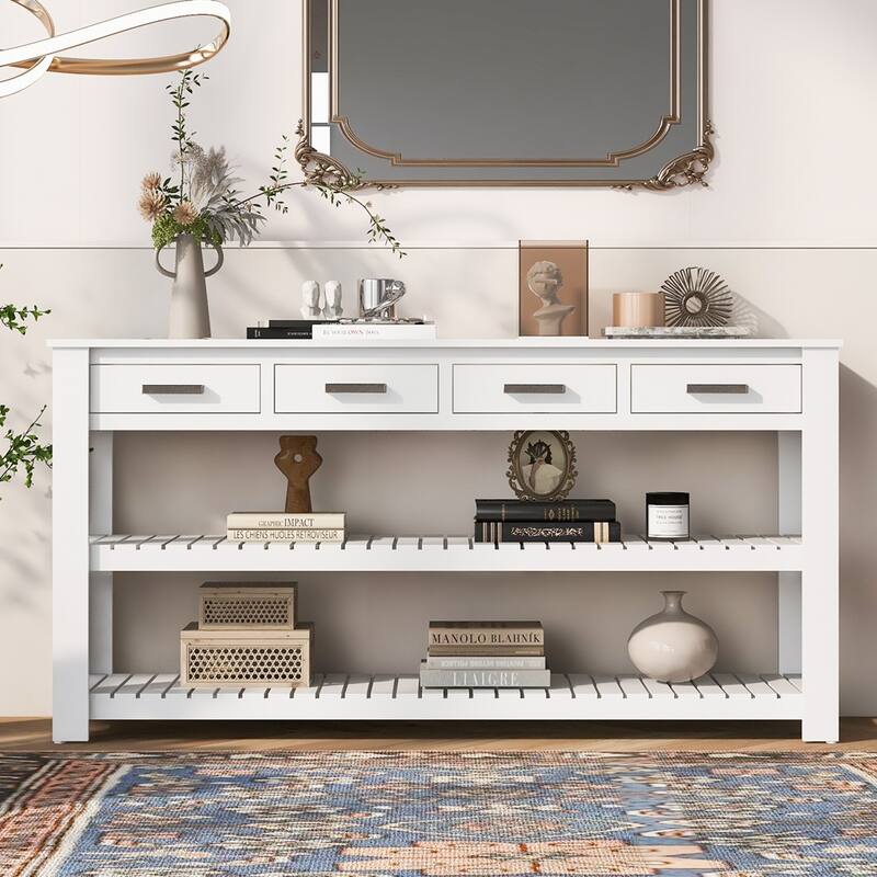 Entryway Console Table with 4 Drawers and 2 Shelves - White