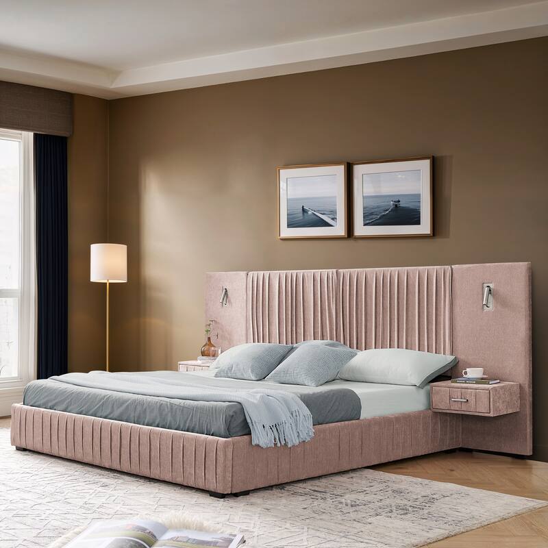 Chenille Upholstered Pleated Platform Bed Frame Wingback Headboard with Side Tables and Adjustable Lamps