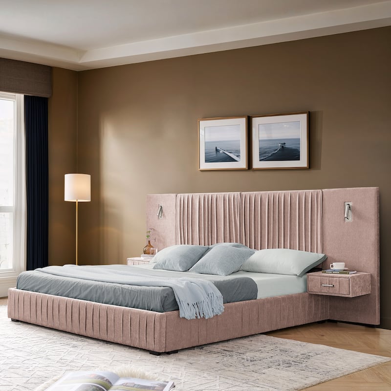 Pleating Upholstered Bed Platform Bed Frame with Enlarged Widened Headboard and Integrated Bedside Table Adjustable Bedside Lamp