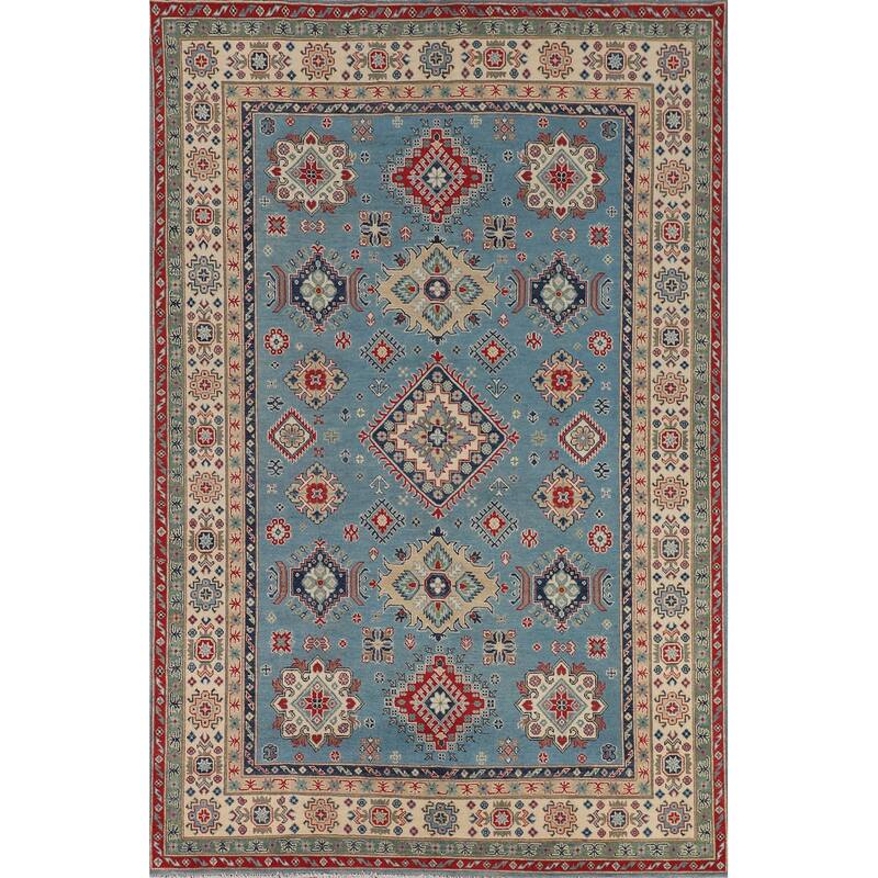 Light Blue Traditional Kazak Area Rug Handmade Wool Carpet - 6'8" x 9'6"